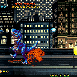Arcade game screenshot featuring a cityscape with a pixelated dinosaur battling a helicopter and exp.