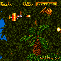 Classic jungle combat flight game with helicopter and enemy fire.