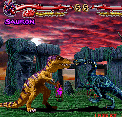T-Rex and Velociraptor fighting in a prehistoric jungle scene from the game.