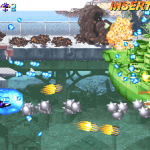 Arcade game screenshot with spaceship shooting enemies and explosions.