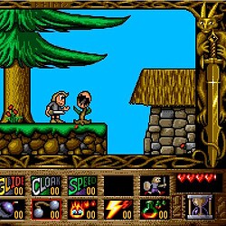 Ancient Forest Adventure game scene with two characters near a tree and a hut.