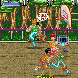 Arcade basketball game with players and a cyclist in a park setting.