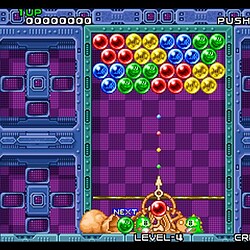Classic Bubble Bobble puzzle game with colorful bubbles and strategic gameplay.