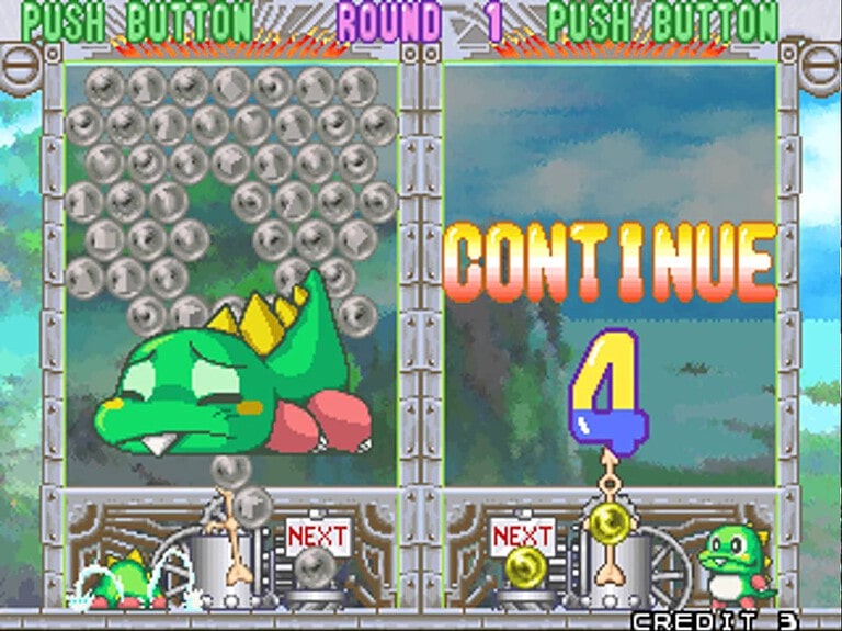 Classic bubble shooter game featuring a green dragon and bubble popping mechanics.
