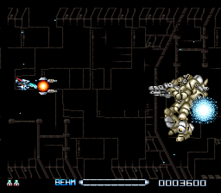 Gameplay screenshot of a space shooter game with spaceship and enemy robot.