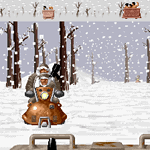 Pixel art winter snow adventure game with trees and snowmen.