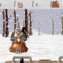 Pixel art winter snow adventure game with trees and snowmen.