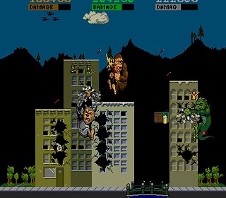 Arcade game featuring Godzilla and King Kong battling in a cityscape.