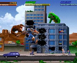 Classic arcade game featuring Godzilla and King Kong battling in a cityscape.