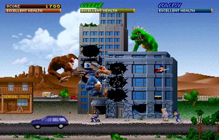 Classic arcade game featuring Godzilla and King Kong battling in a cityscape.