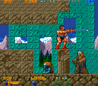 Ancient Warrior platformer game featuring a muscular hero battling enemies on icy mountain terrain.
