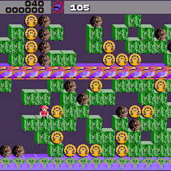 Ms. Pac-Man arcade game with maze, dots, and characters in pixel art style.
