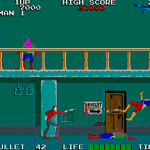 Gameplay screenshot from a retro arcade shooting game with characters and obstacles.