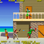 Retro beachside adventure game scene with characters fighting.