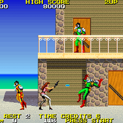 Retro beachside adventure game scene with characters fighting.