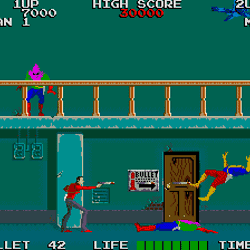 Gameplay screenshot from a retro arcade shooting game with characters and obstacles.