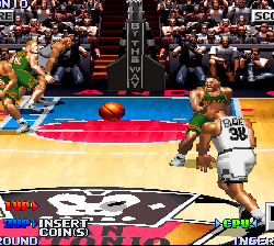 Screenshot of NBA Jam 1993 with players in action on the court.