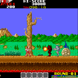 Pixel art scene from a retro adventure game with characters and enemies.