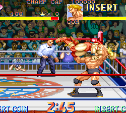 Street Fighter II arcade game fight scene with Ryu and M. Bison.