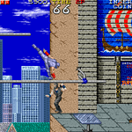 Gameplay scene from a classic arcade game with city background and character in action.