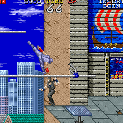 Gameplay scene from a classic arcade game with city background and character in action.