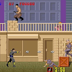 Classic arcade game screenshot featuring characters fighting on a city balcony.