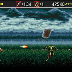 Classic 16-bit action game with characters fighting in a field.