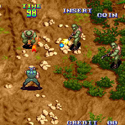 Retro arcade game scene with soldiers and explosions.
