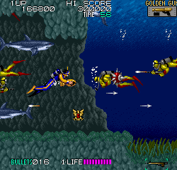 Action-packed side-scrolling shooter game featuring underwater battles and enemy fish.