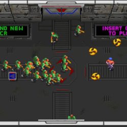 Retro arcade game scene with aliens and humans in a spaceship setting.