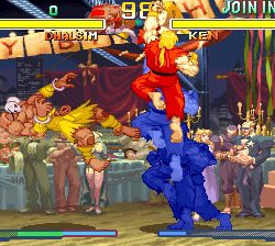 Intense fight scene featuring Ken and Ryu from Street Fighter V game.