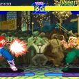 Ryu and Guile fighting in a street scene from Street Fighter II arcade game.