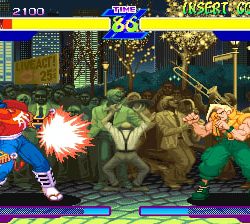 Ryu and Guile fighting in a street scene from Street Fighter II arcade game.