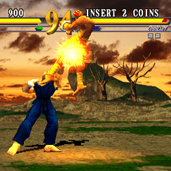 Street Fighter III: 3rd Strike gameplay with Ryu executing a fiery kick.