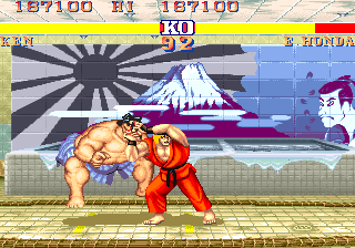 Ryu and Ken battling in Street Fighter II arcade game scene.