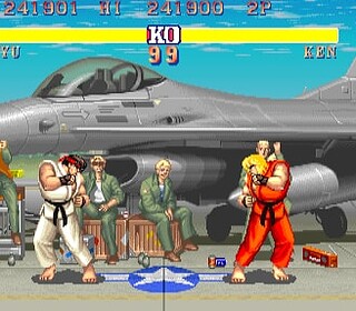 Fighting game scene featuring Ryu and Ken in front of a fighter jet aircraft.