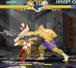 Classic Street Fighter II match featuring Sagat and Gen fighting in an urban setting.