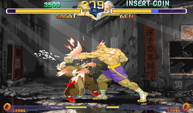 Classic Street Fighter II match featuring Sagat and Gen fighting in an urban setting.