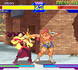 Classic Street Fighter II game scene with Adon and Rose fighting.