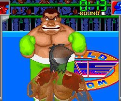 Boxing game featuring a muscular opponent in a boxing ring.