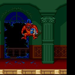 Pixel art of a boss fight in Castlevania with a demon and a hero.