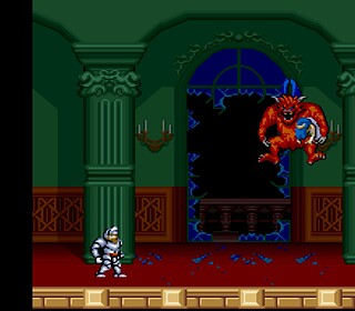 Pixel art of a boss fight in Castlevania with a demon and a hero.