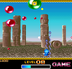 Ancient Ruins Bubble Shooter game with colorful bubbles and stone pillars.