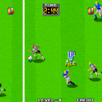 Football soccer game with pixel art graphics, players, and a green field.