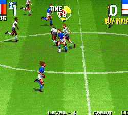 Soccer match gameplay screenshot from the game title, showing players on the field.