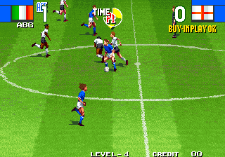 Soccer match gameplay screenshot from the game title, showing players on the field.