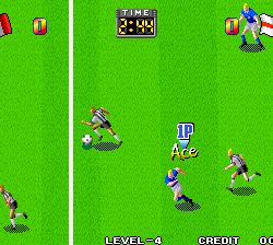 Football soccer game with pixel art graphics, players, and a green field.