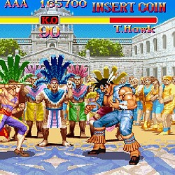 Arcade fighting game featuring street fighters in ancient Roman setting.