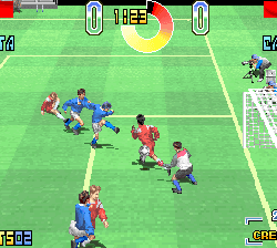 Penalty shootout in soccer game with players and goalkeeper.