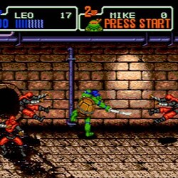 Teenage Mutant Ninja Turtles arcade game screenshot with turtles fighting enemies.
